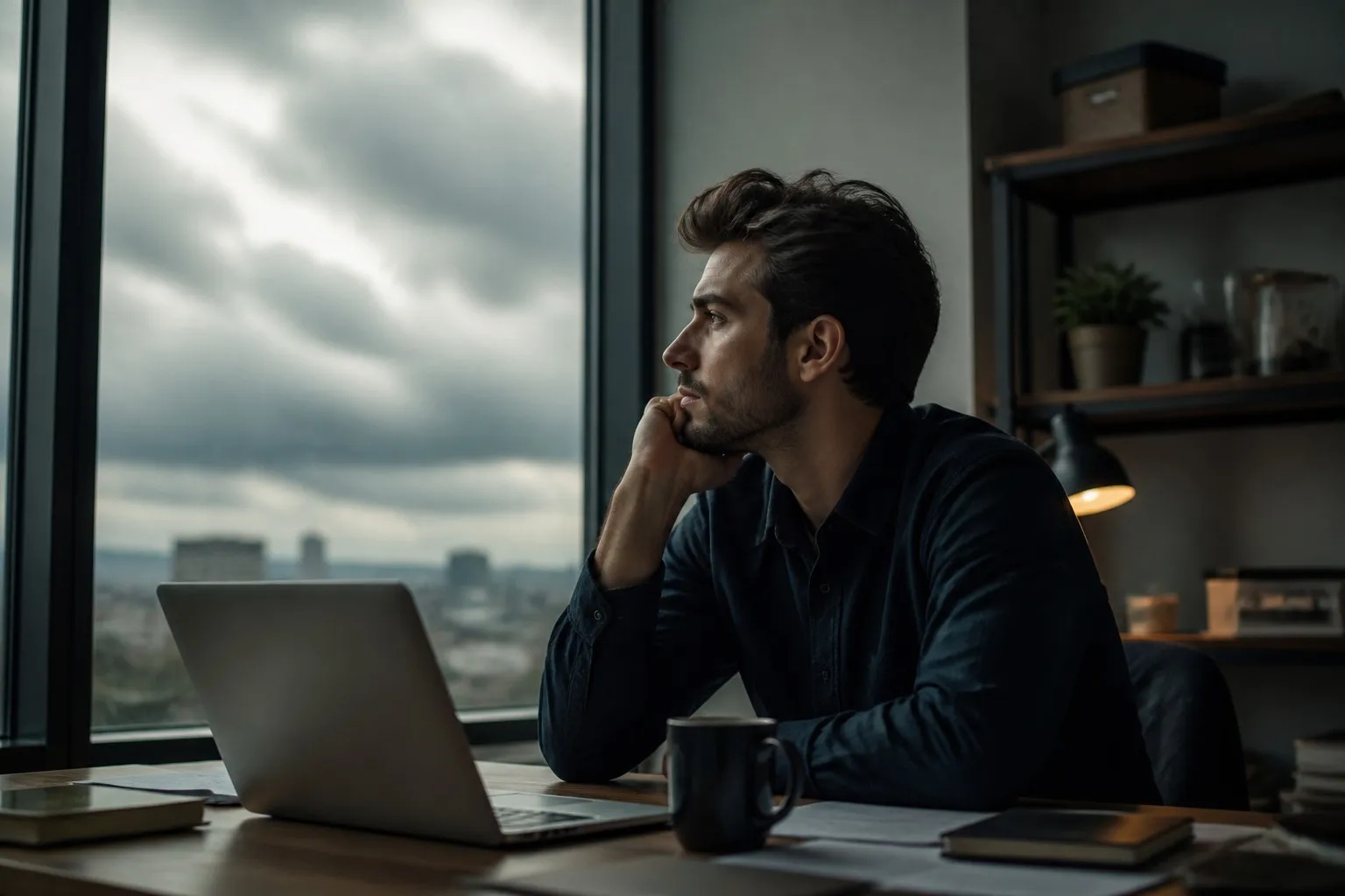 A young professional at a desk by a window, laptop open but untouched, staring out at a cloudy sky