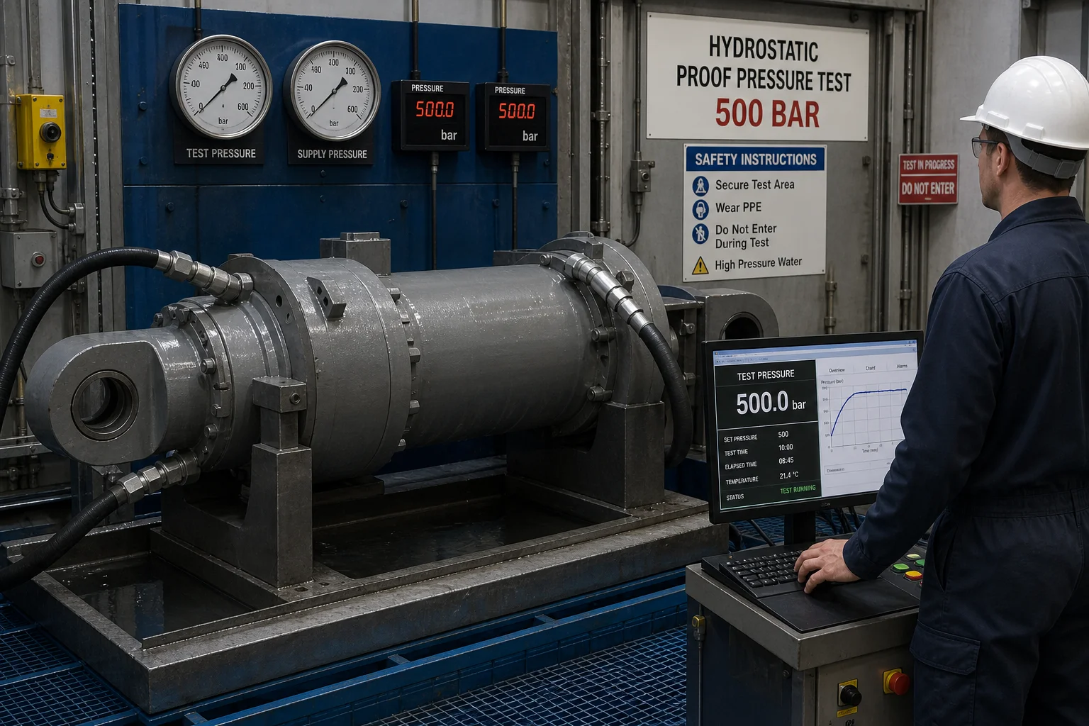 High-pressure hydrostatic proof pressure test of large cast steel hydraulic cylinder at 500 bar