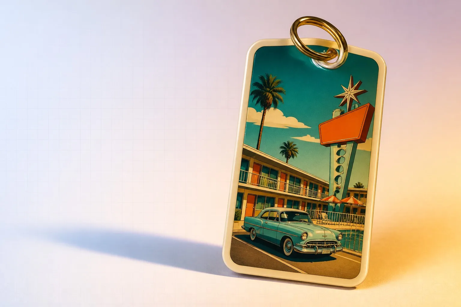 UV full-color retro hotel motel key tags — opening banner