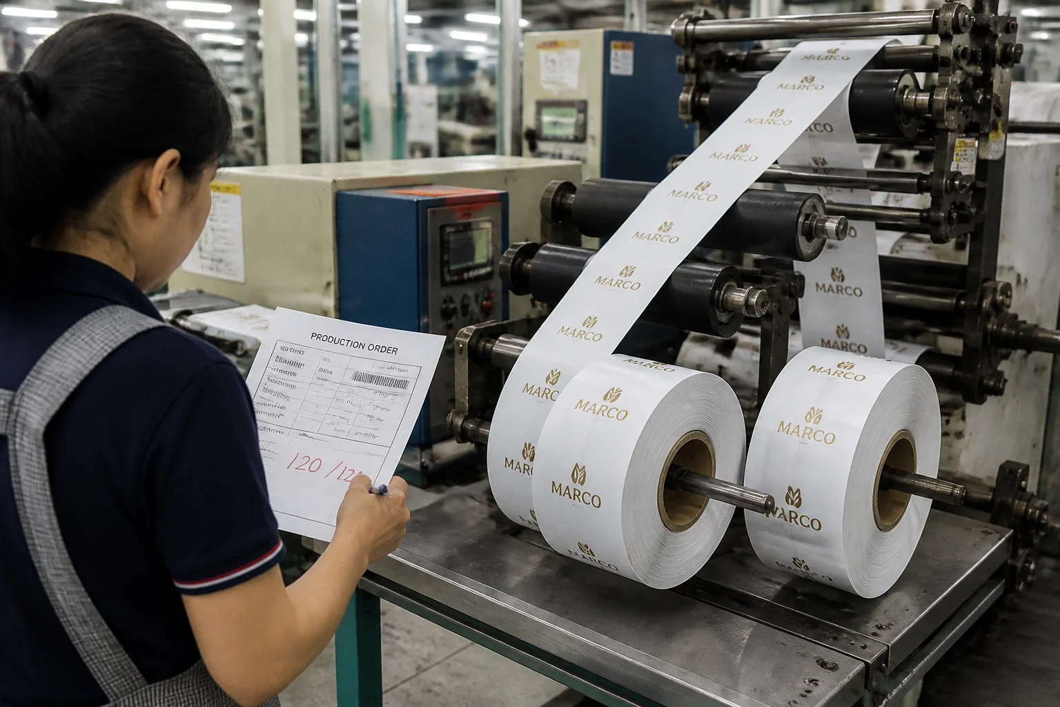 Custom printed ribbon being wound onto rolls on a factory production line