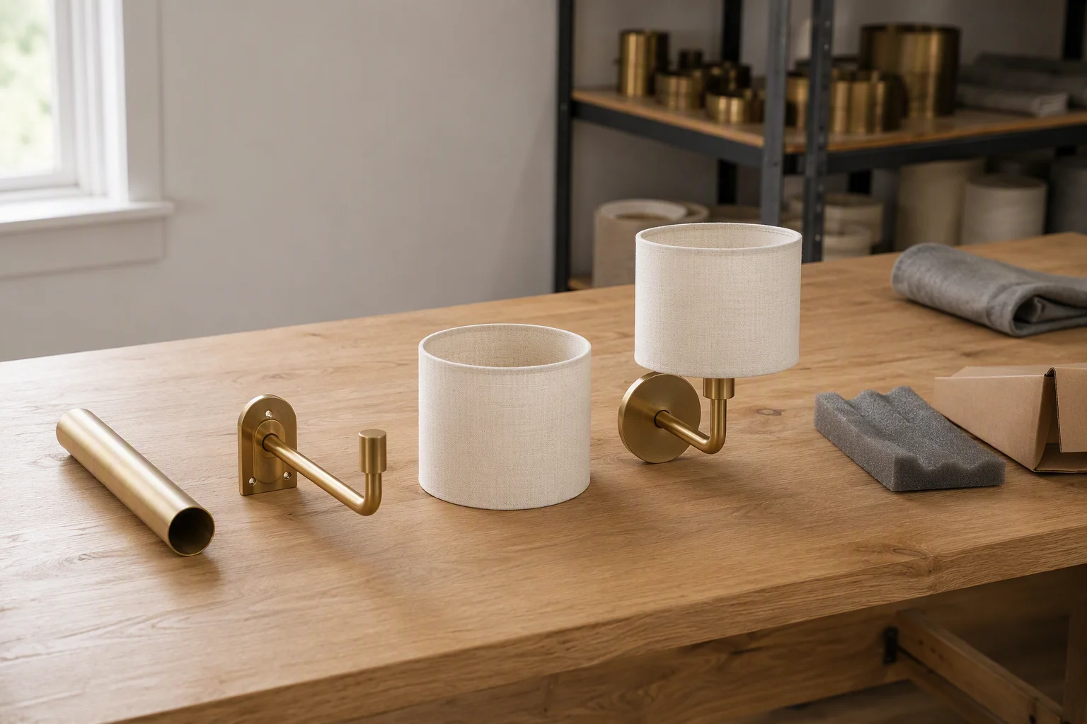 Decorative hotel lighting parts at different production stages on a workbench