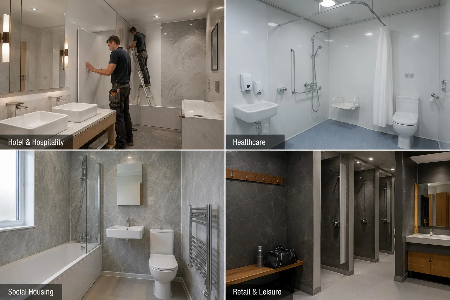 productcate-1200-800 PVC bathroom wall panel applications: hotel bathroom, healthcare wet room, social housing, gym changing room — professional installation scenes