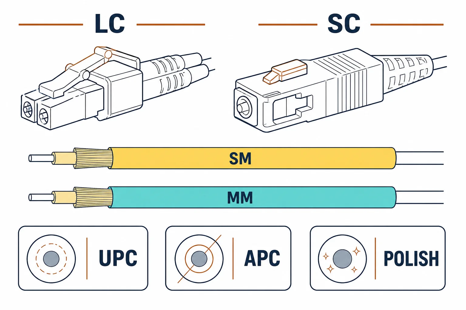 LC and SC fiber connectors with single-mode and multimode cable and polish types