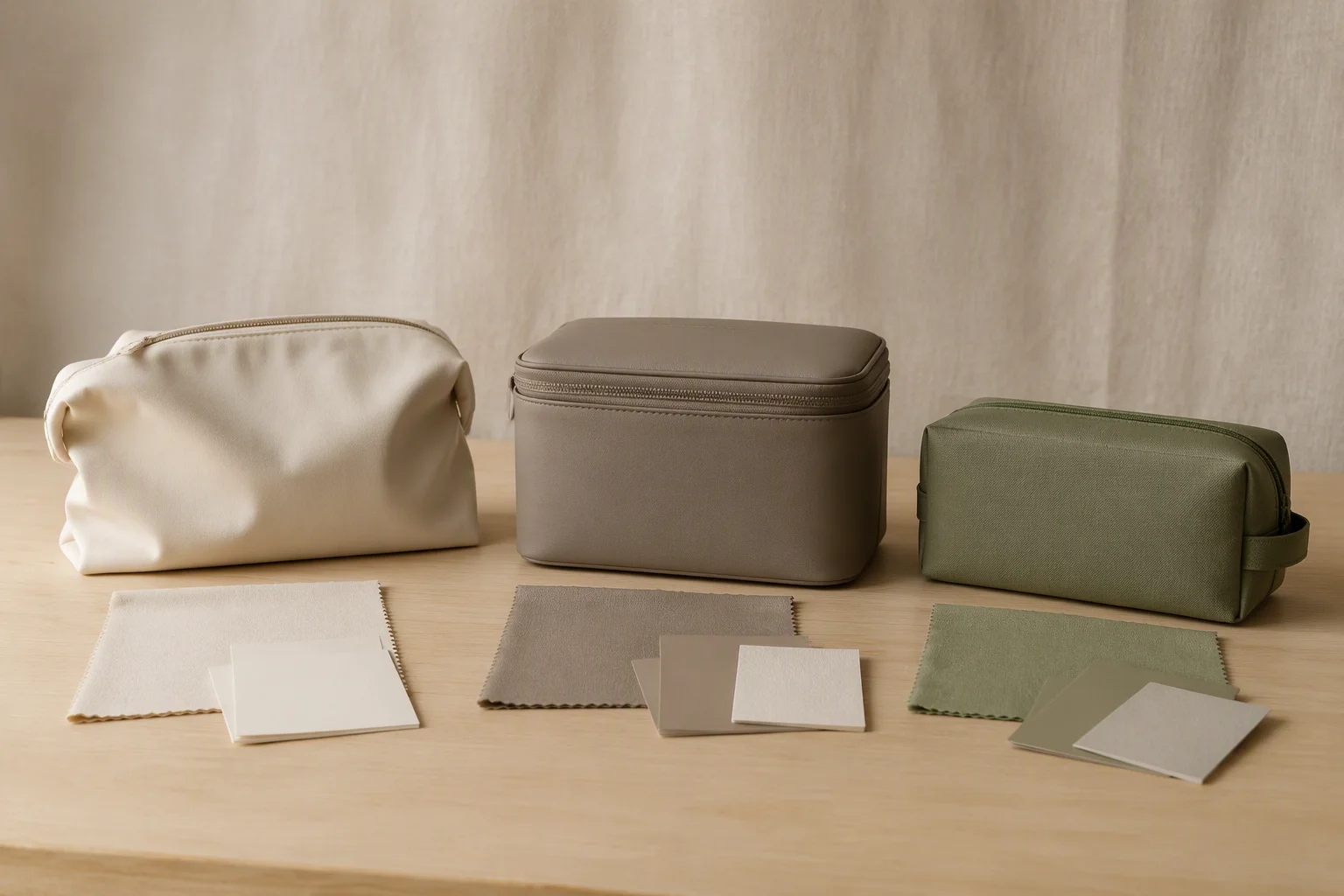 Three unbranded cosmetic bag prototypes arranged side by side for sample approval