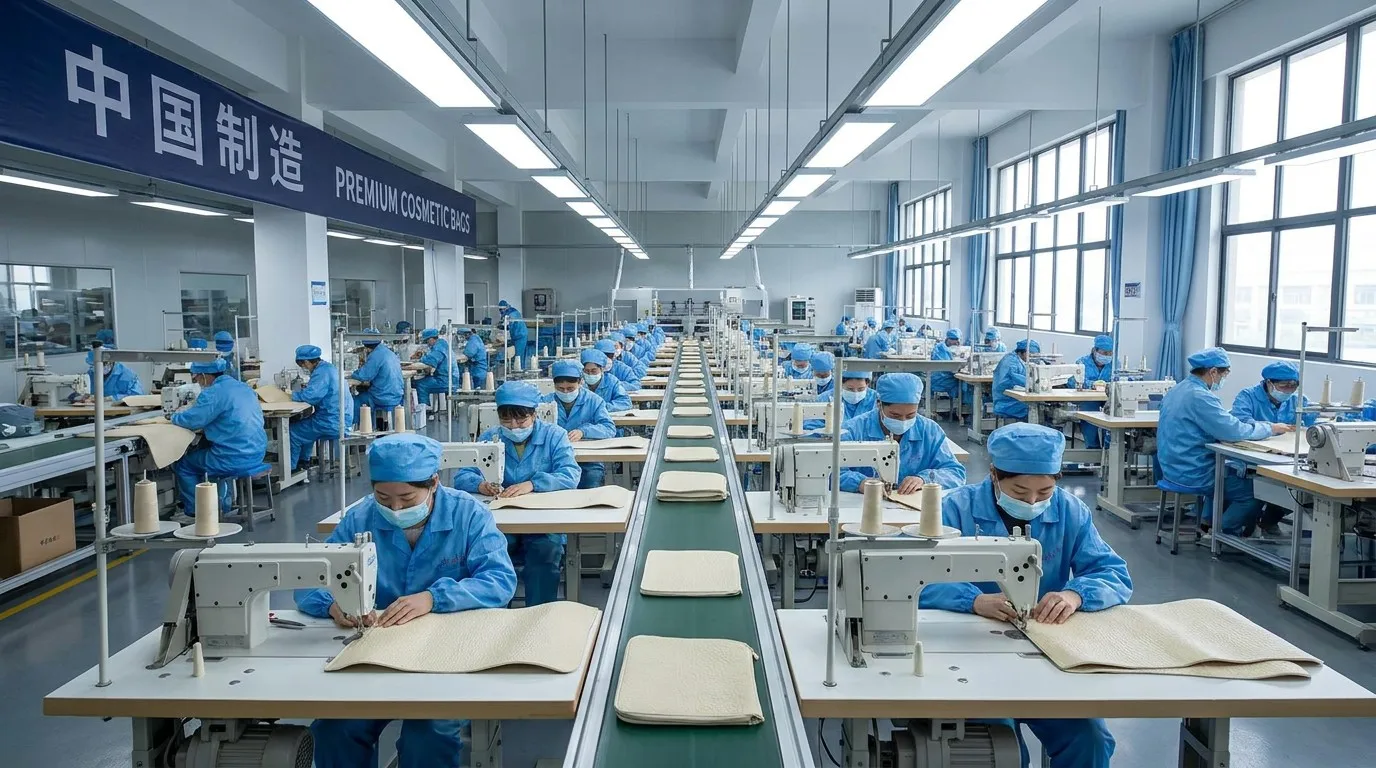 Skilled workers stitching custom luxury cosmetic bags on a professional production line