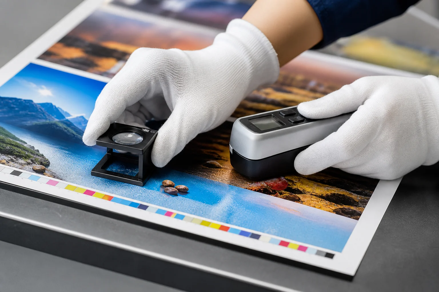 Print quality inspection with loupe and densitometer checking color accuracy