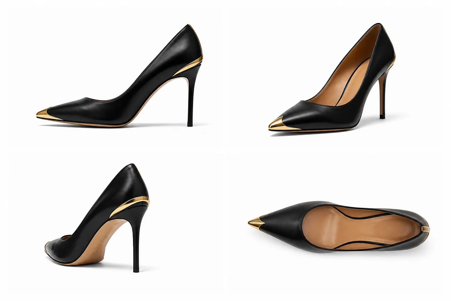 Four-view product photography of pointed-toe stiletto pumps