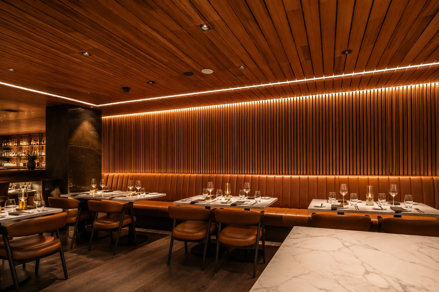 Modern restaurant with wide wood slat acoustic panel ceiling and feature wall, narrow 3mm gaps, integrated LED lighting