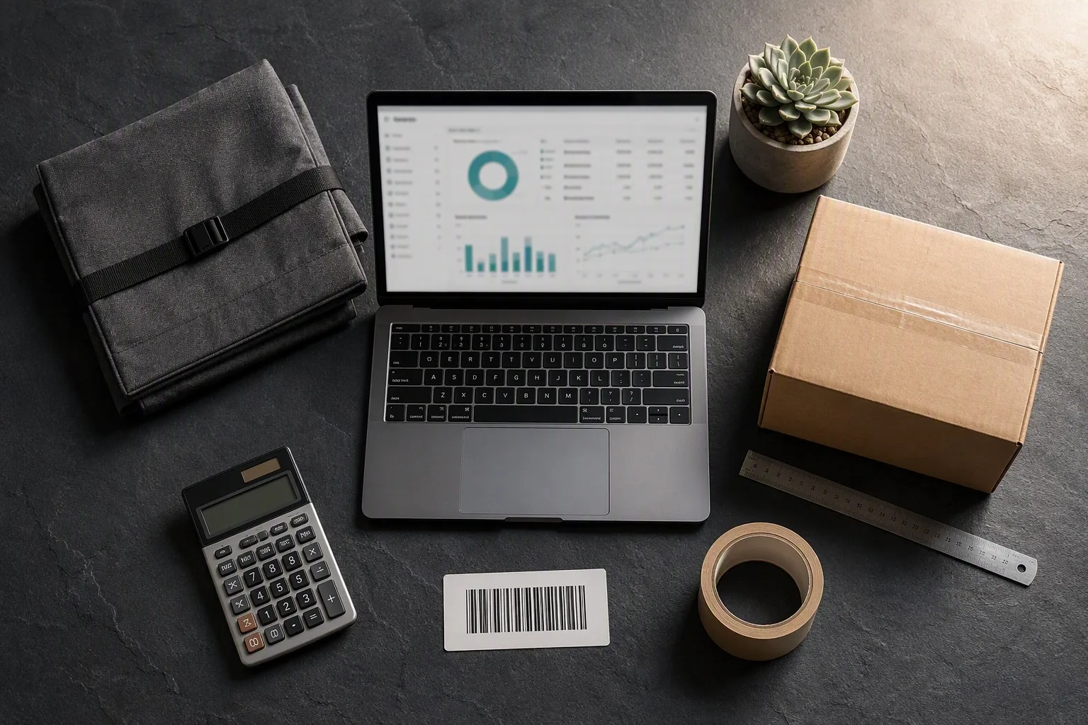 Amazon FBA cost optimization workspace — fee calculator, K/D folded storage bag, shipping carton, FNSKU labels