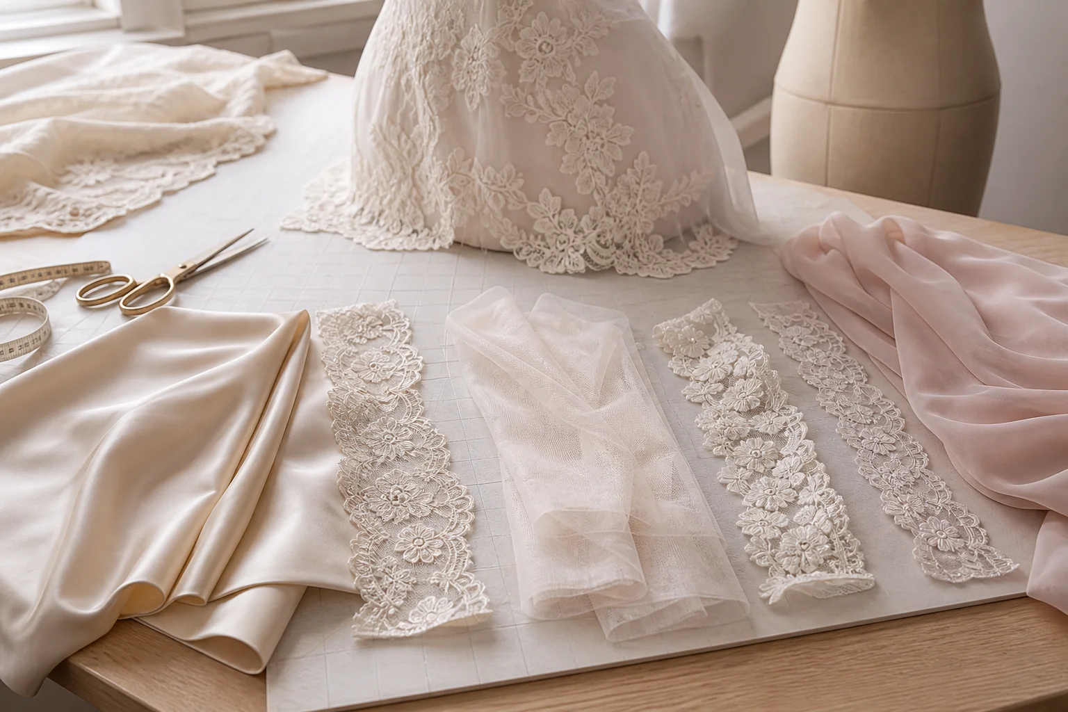 Matching lace trim with satin, tulle and chiffon fabrics