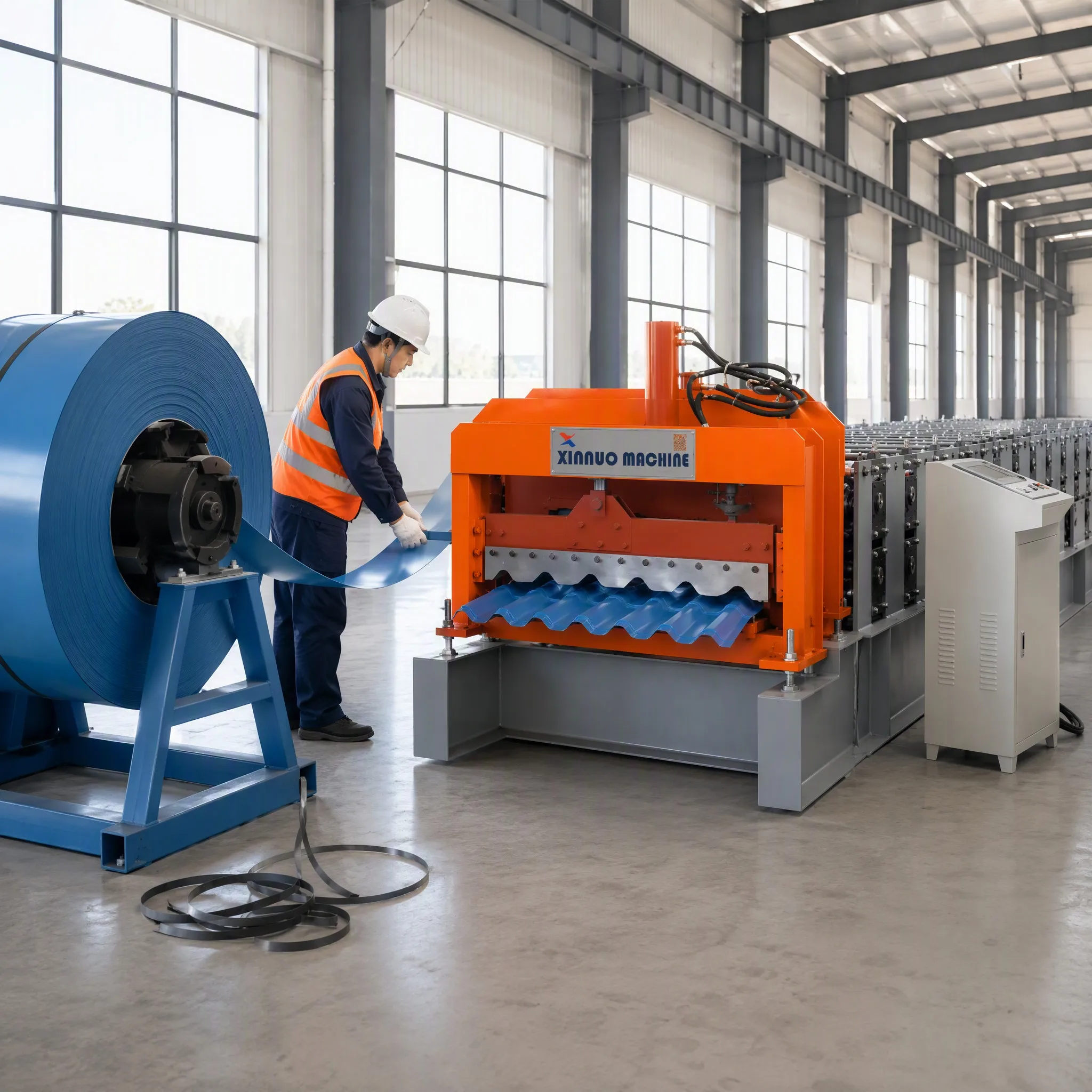 Color-coated steel coil being fed into the Xinnuo glazed tile roll forming machine