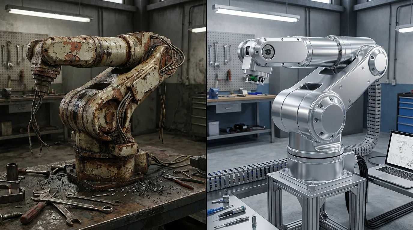 Old rusty industrial robot arm side by side with a newly retrofitted modern silver joint module in a workshop environment