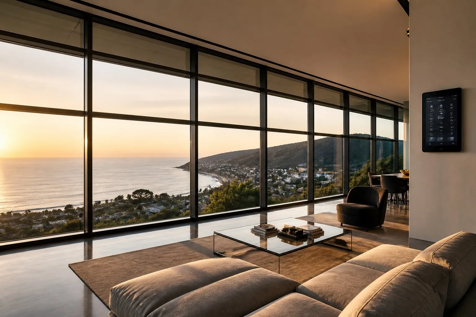 Futuristic luxury smart home with intelligent electric windows automated control touchscreen panel