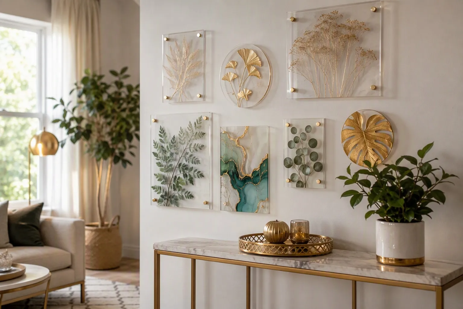 Salón moderno con galería decorativa de pared destacada con adornos colgantes