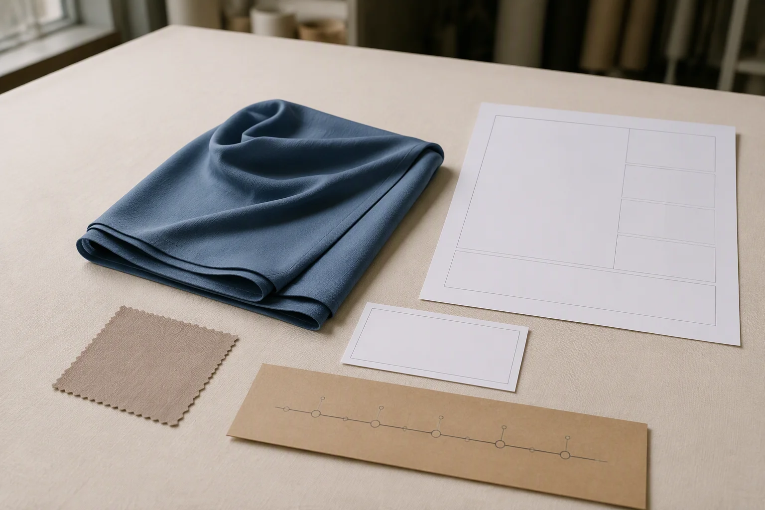 OEM hijab development calendar on a factory wall beside a tech pack, fabric swatch cards, and a sample rack with a dated production schedule