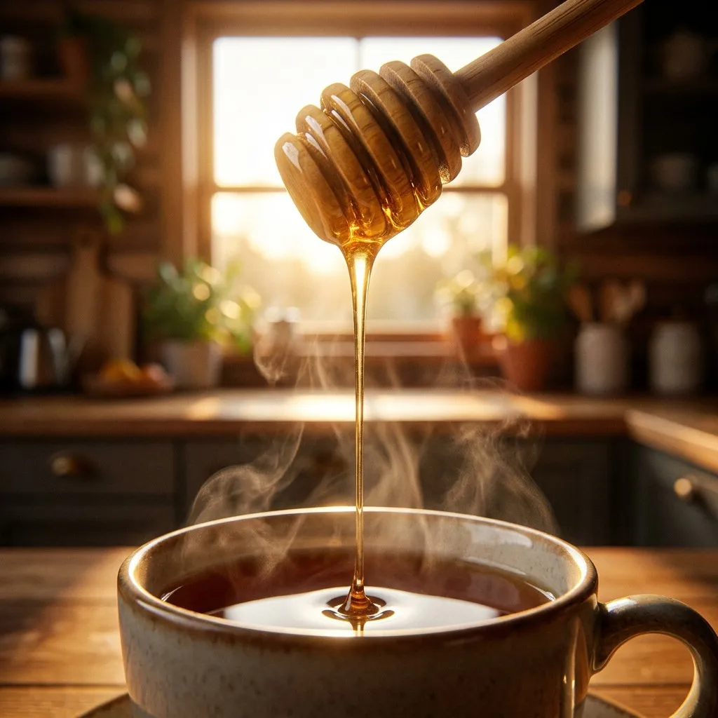 Natural bamboo honey dipper drizzling golden honey into steaming cup of tea