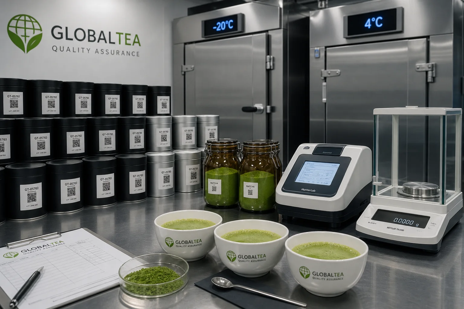 Tea trading quality assurance laboratory workbench with cataloged matcha retention sample tins, spectrophotometer, and nitrogen storage jars