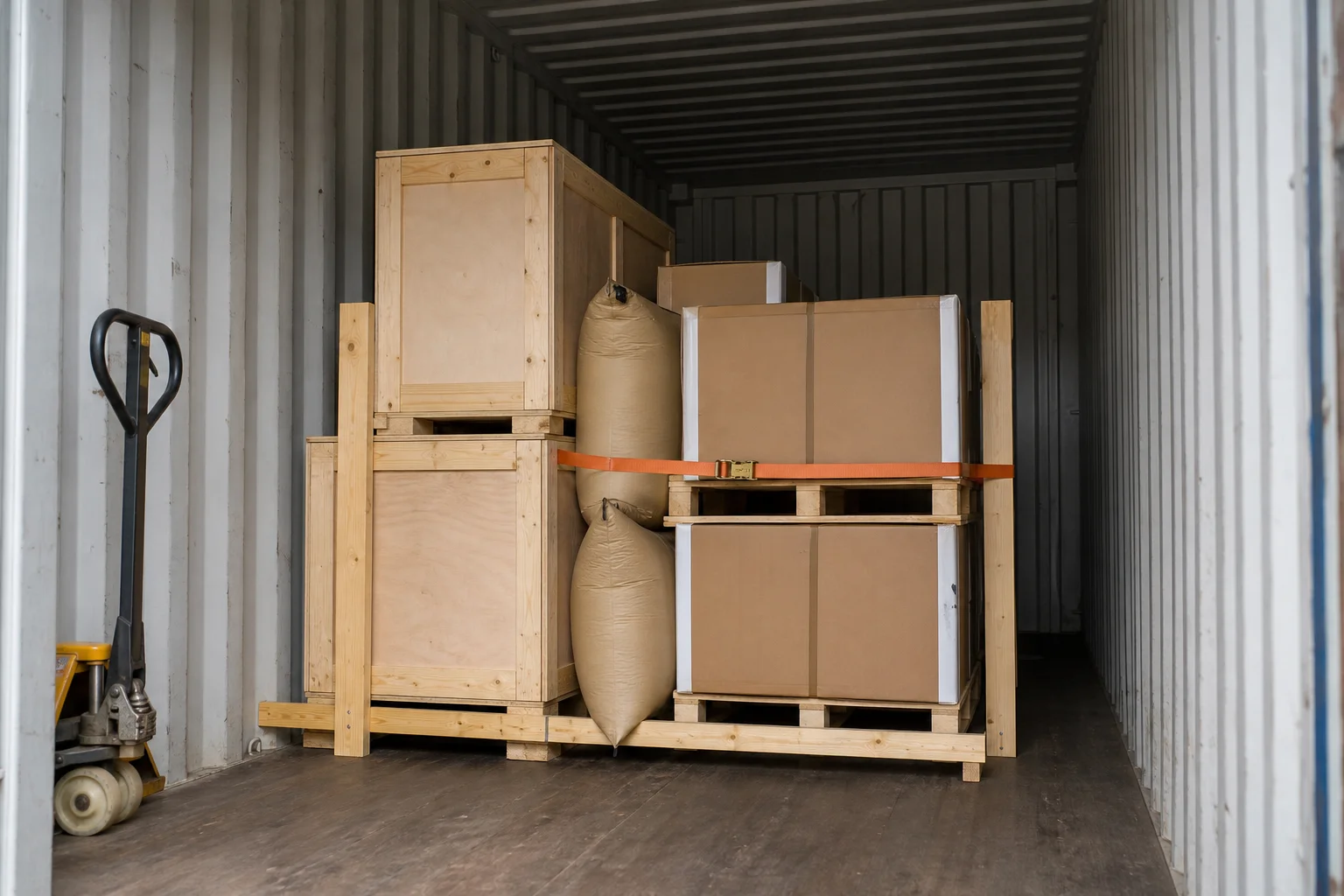 Crated decorative light fixtures secured inside a shipping container
