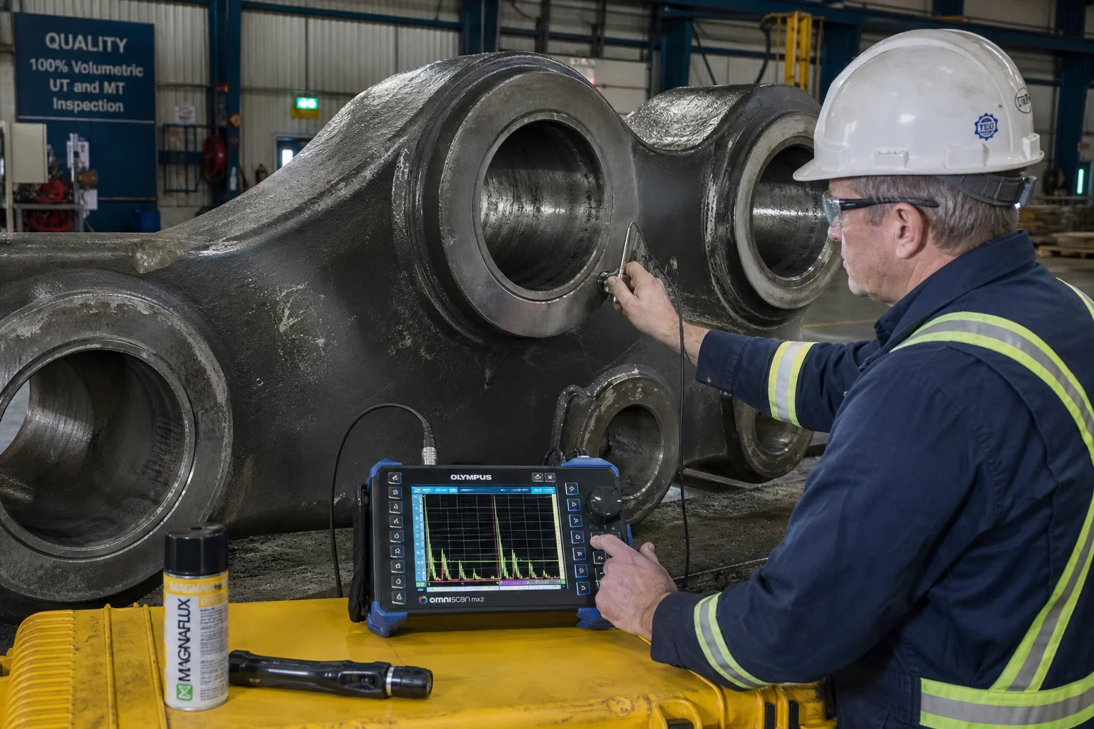 NDT inspector conducting ultrasonic testing UT on heavy cast steel mining shovel equalizer beam