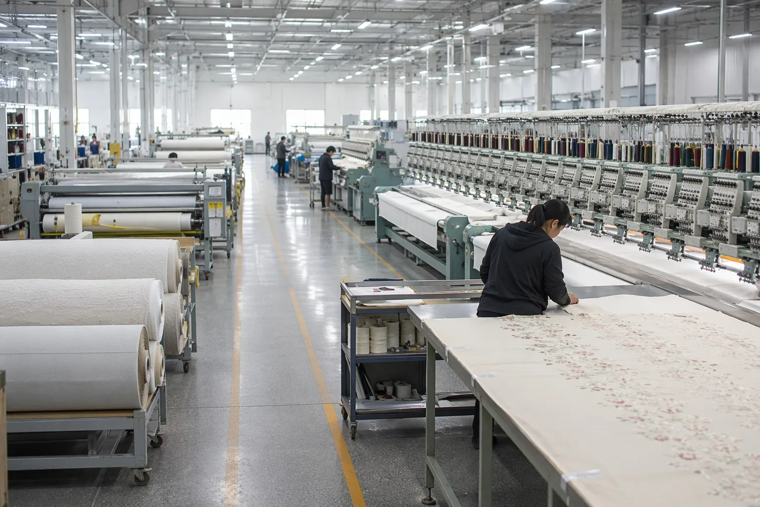 Textile factory floor with embroidery and jacquard production equipment