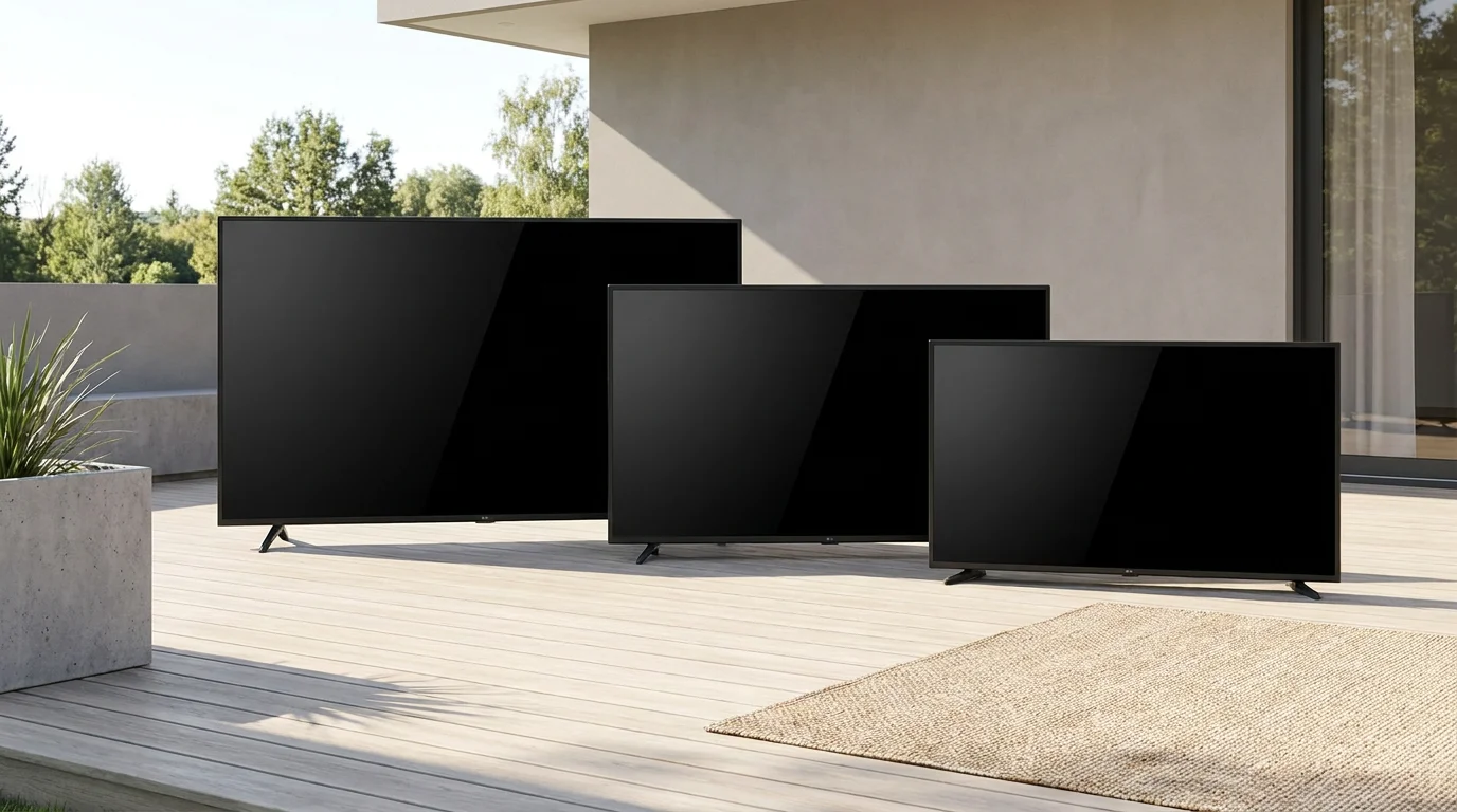Outdoor TVs compared at different sizes including 65-inch model