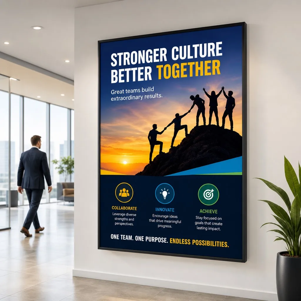 Corporate office lobby poster display