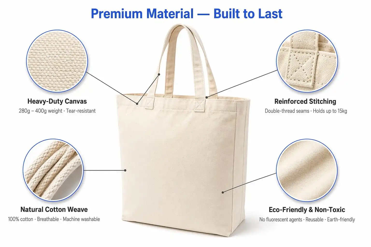 Canvas tote construction details: heavy canvas weave, reinforced X stitching, natural cotton, eco-friendly dye