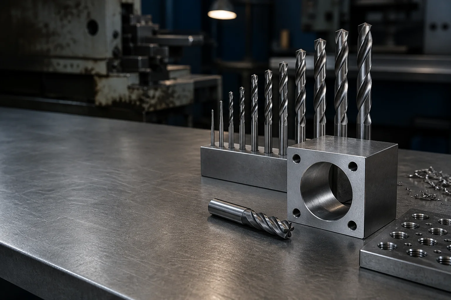 Precision machine shop bench with a row of HSS-E twist drills in a holder and a machined steel block with a bored hole