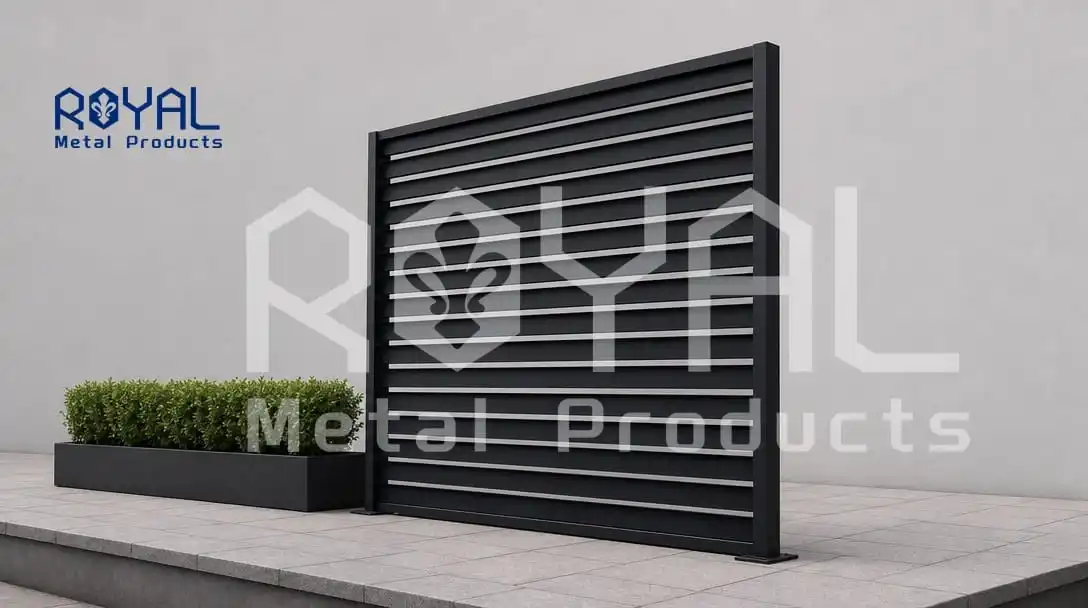 Wide matte black louvred aluminium screen panel on a paved display platform with planter - louvred screening product