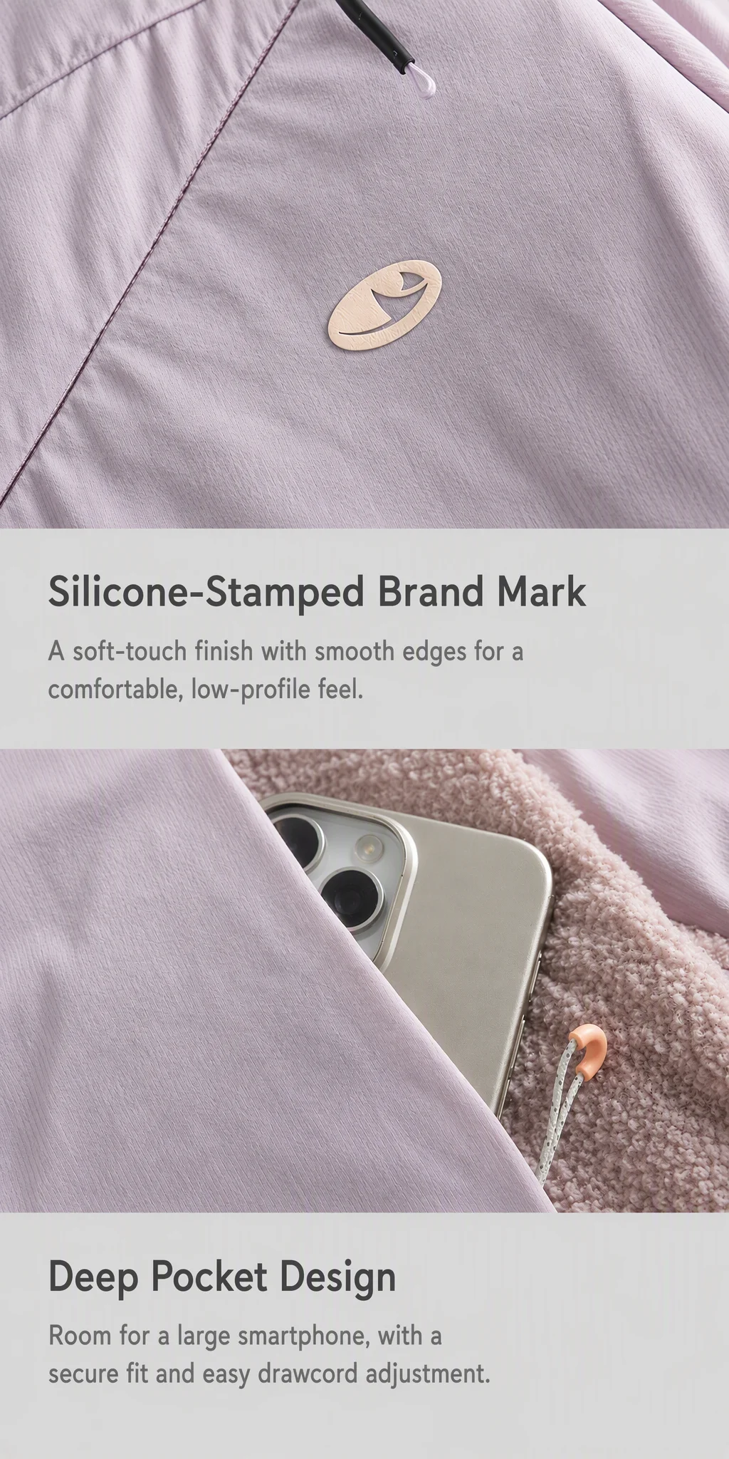 Silicone-stamped brand mark and deep pocket design detail