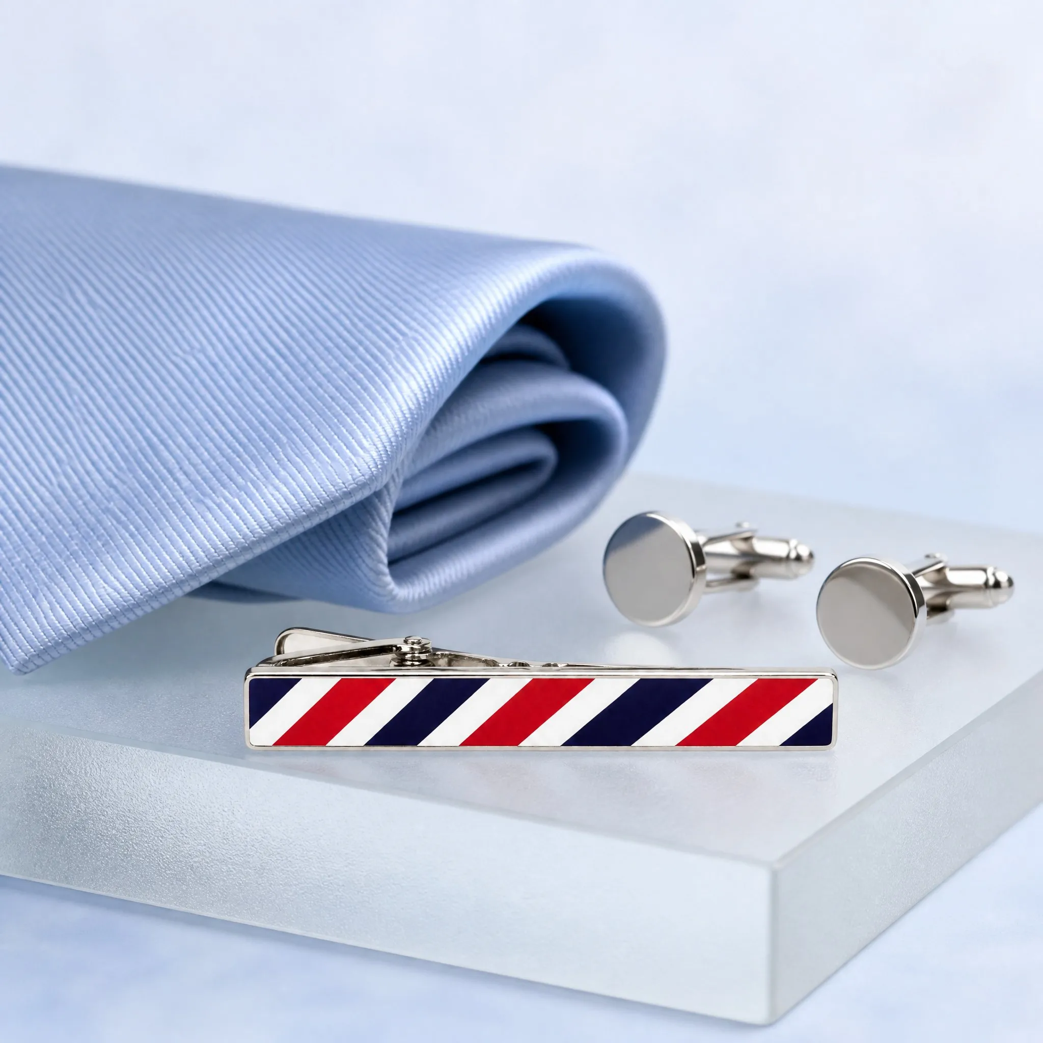 Silk screen printed tie clip gift scene with tie and cufflinks