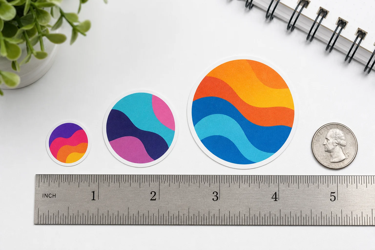 Sticker size comparison mini small standard with ruler and coin for scale