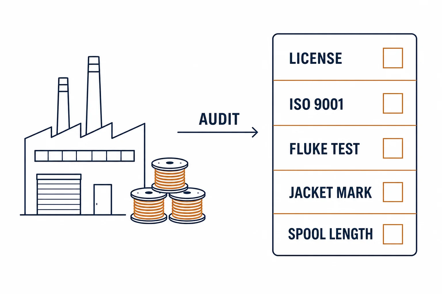 Factory audit checklist for Cat6 cable sourcing with documents and inspection steps