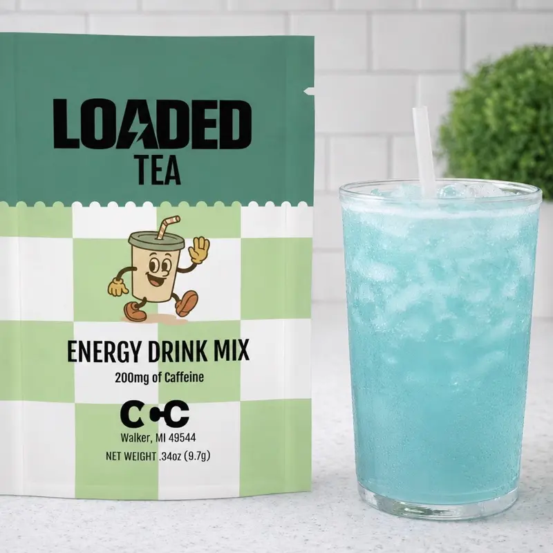 Loaded Tea Energy Drink Mix and Iced Glass