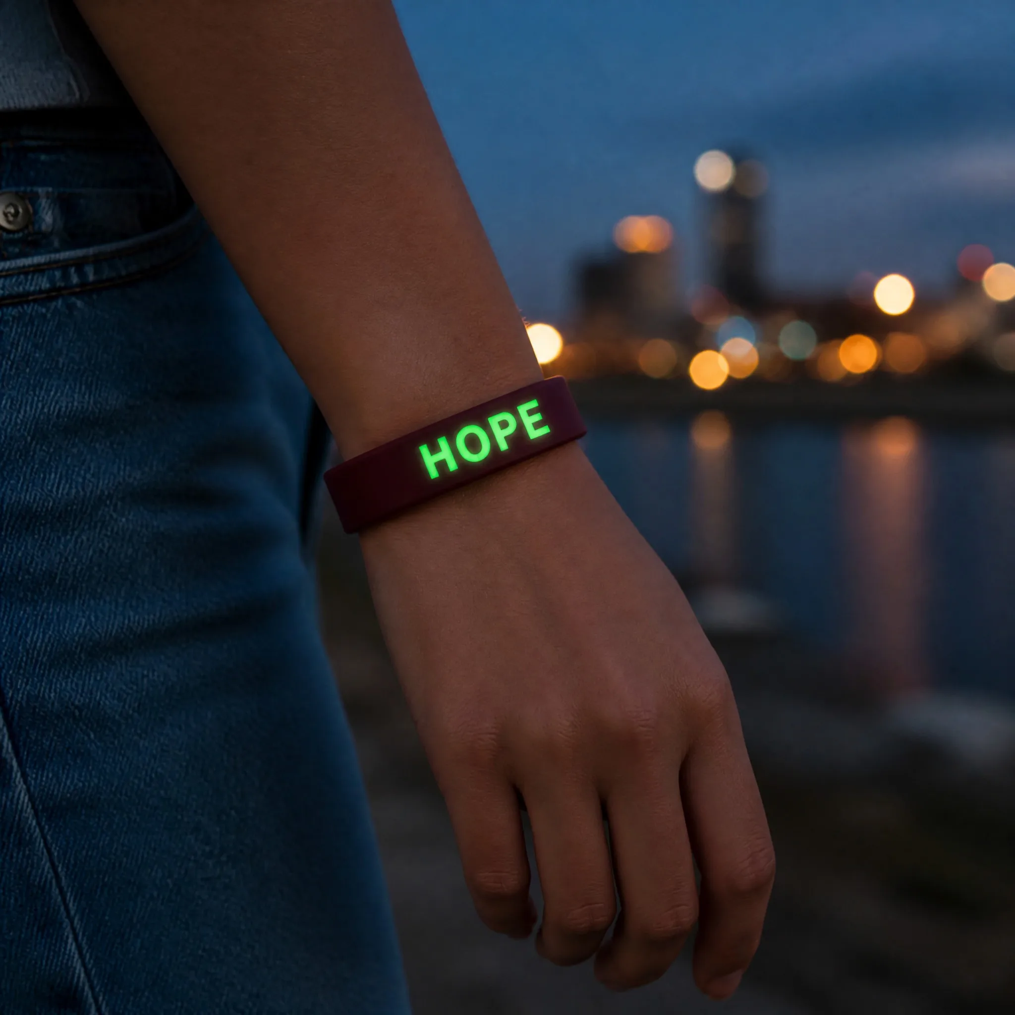 Glow in the dark silicone bracelet worn on wrist at night with glowing lettering