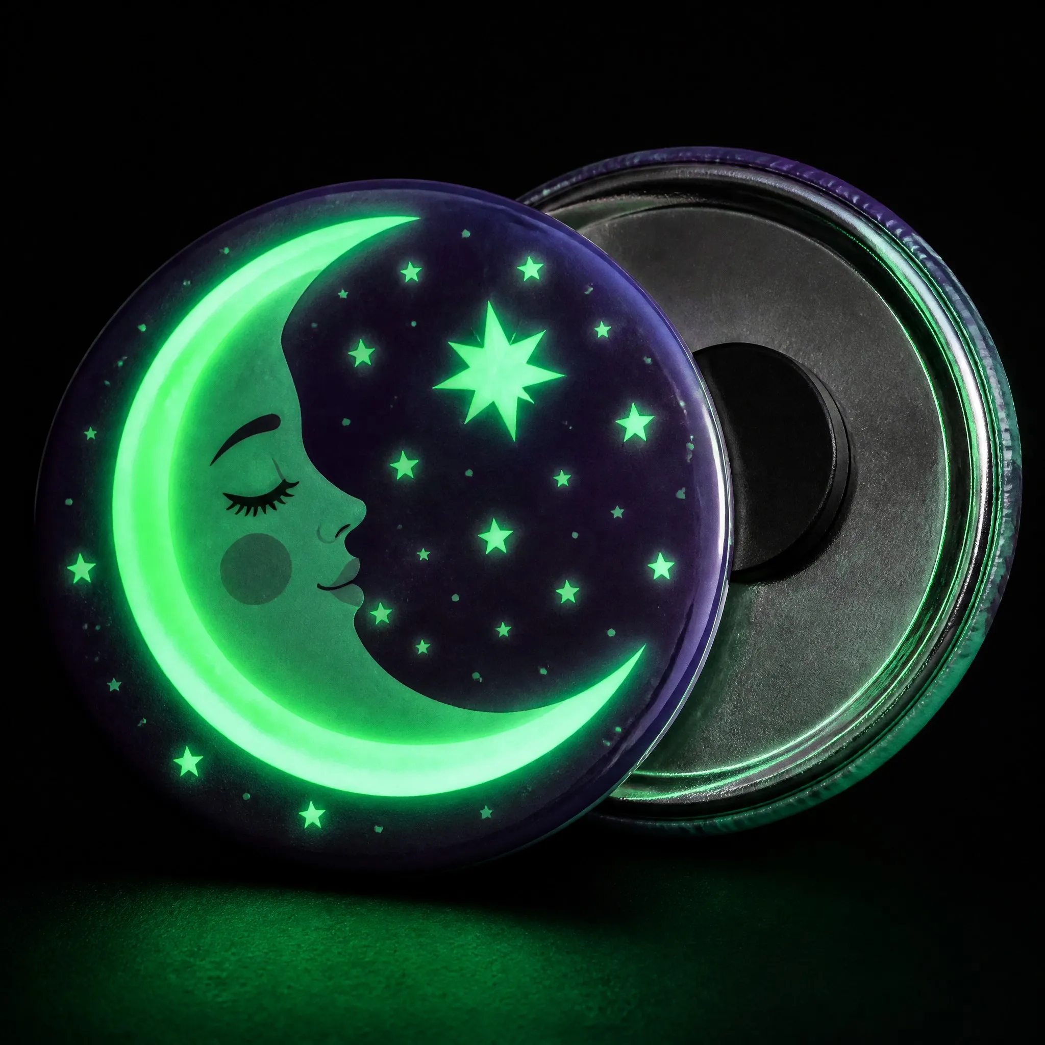 Luminous glow coating and magnetic back detail of button badge