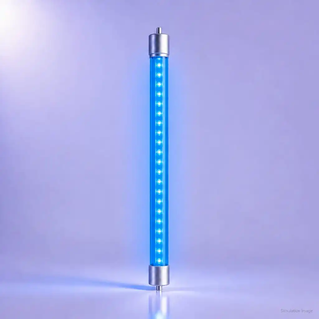 A single UVC LED tube standing upright on a light lavender seamless background — a blue translucent body with a row of round emitters, brushed aluminium end caps with pins, blue glow and a floor reflection — with a small Simulation Image note.