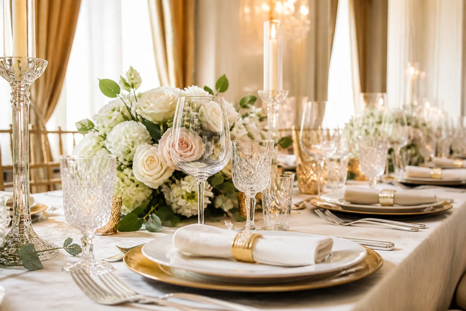 Fully set wedding banquet table with gold charger plates and floral centerpiece