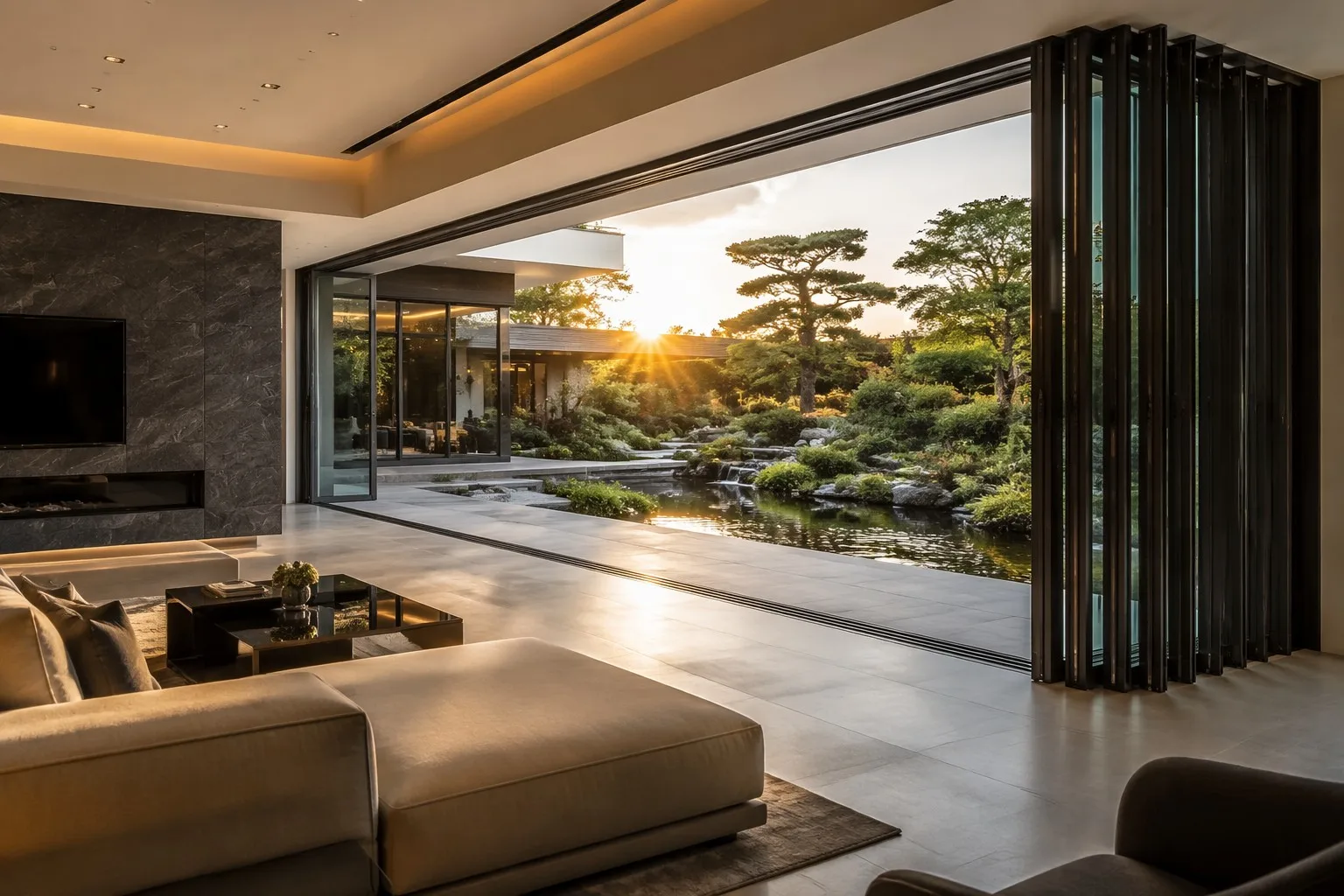 Luxury villa with aluminum stacking doors opening to landscaped garden koi pond