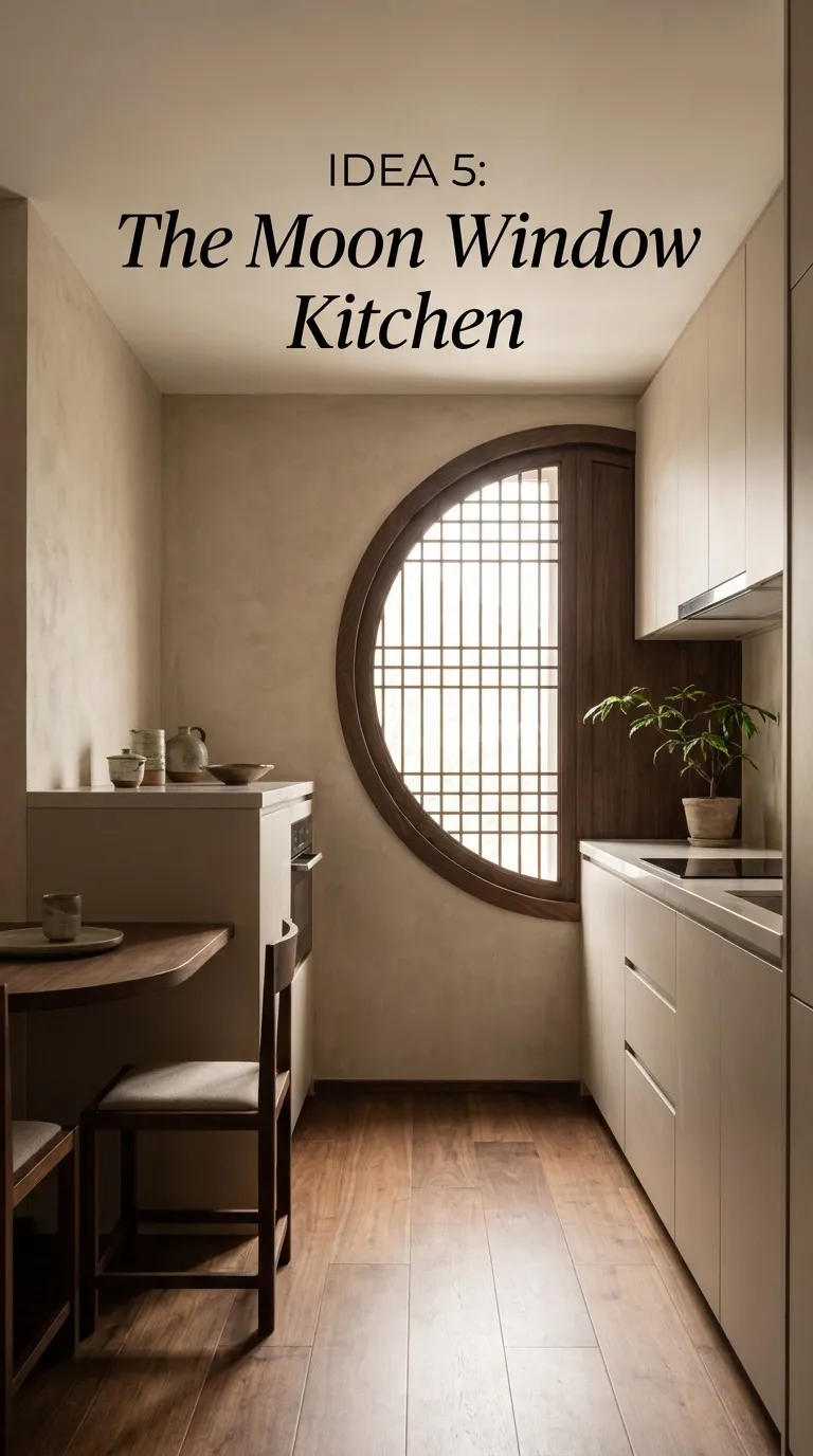 A modern moon window between the kitchen and dining area