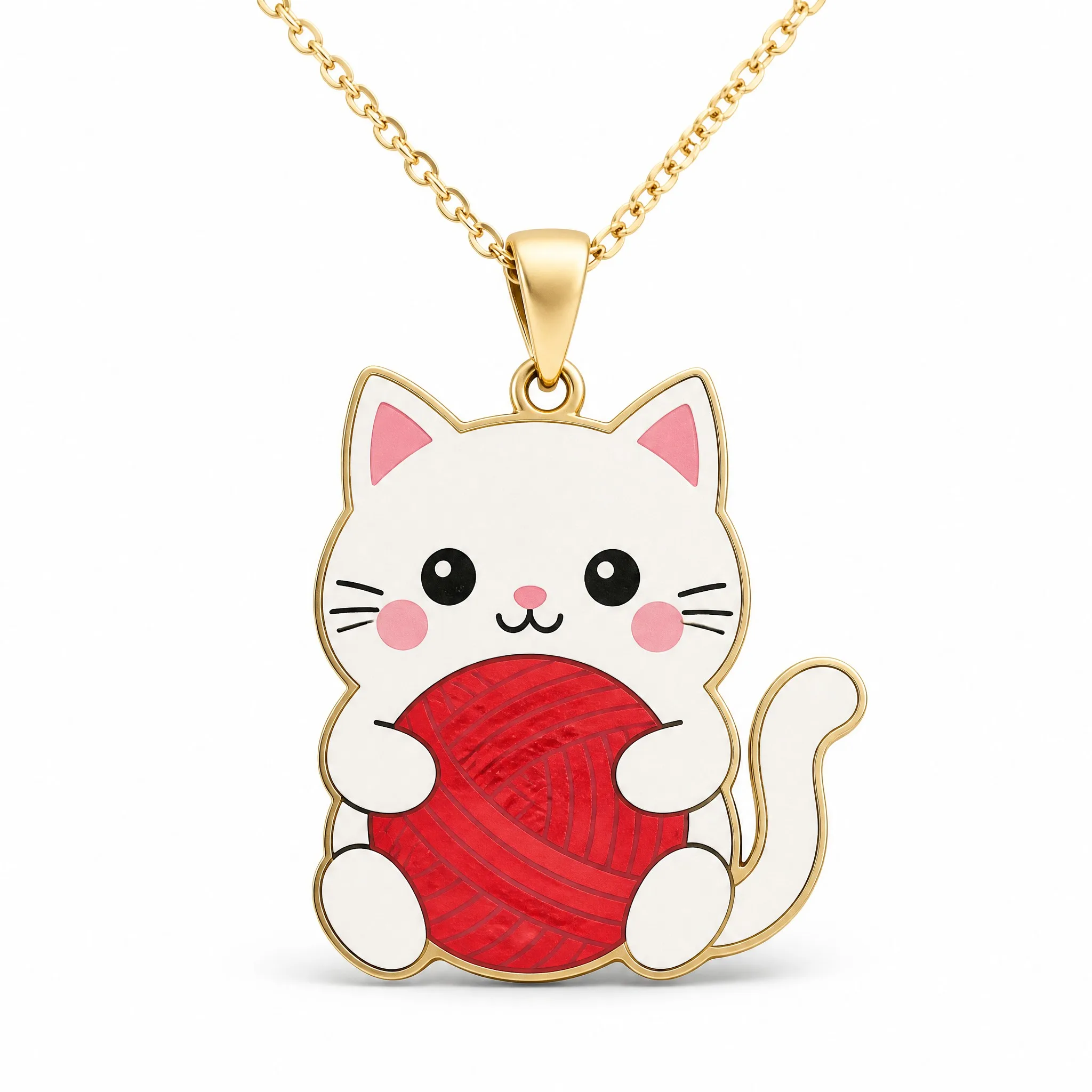 Custom silk screen cat pendant necklace white cat with red yarn ball on white background