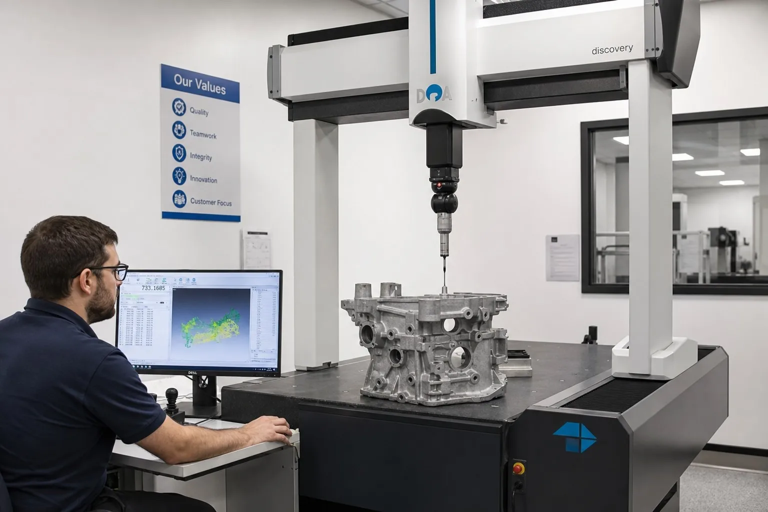 CMM measuring metal casting with engineer recording data on computer