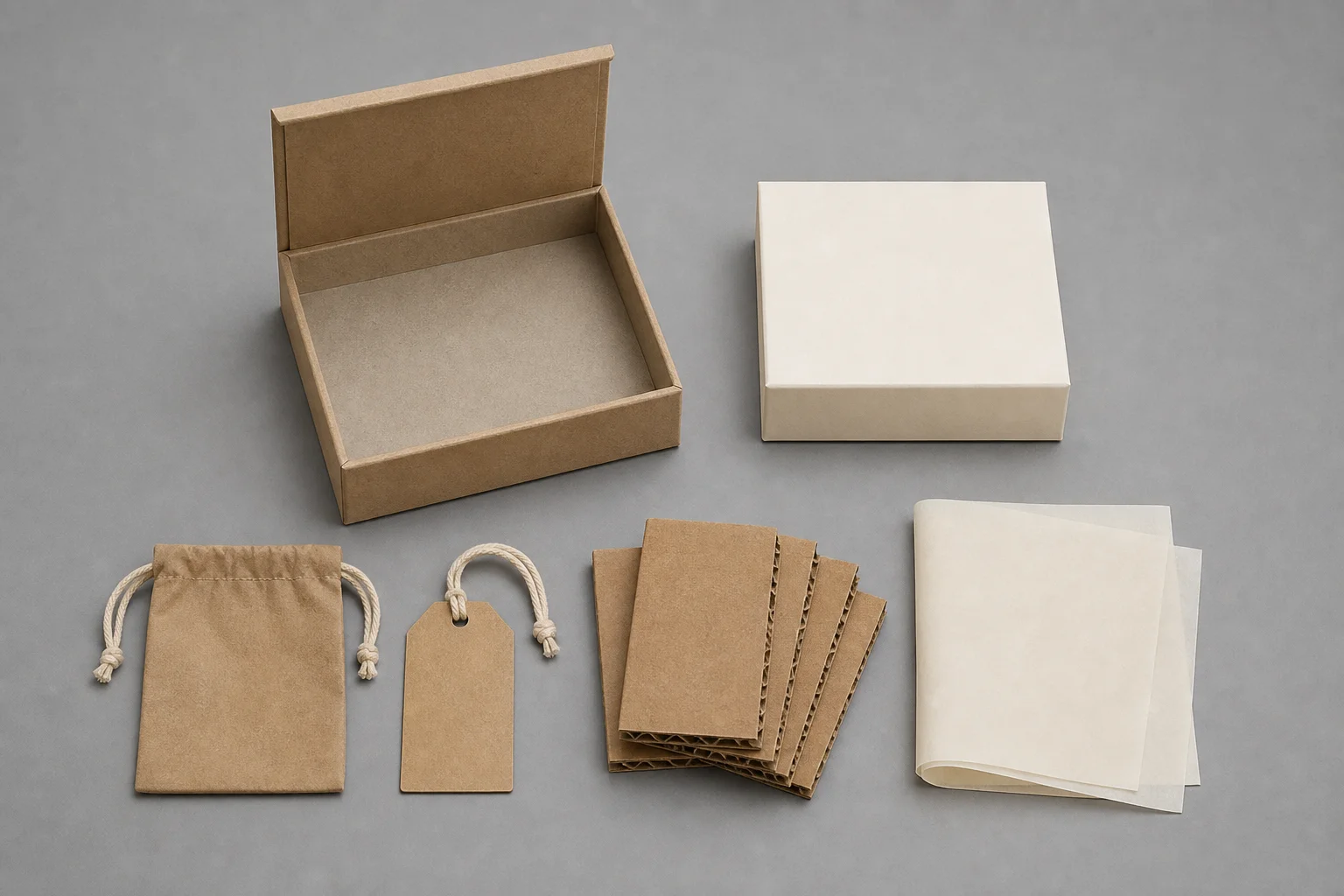 Overhead flat lay of unprinted paper and kraft jewellery packaging components on a warm grey surface: an open kraft-covered rigid box, a closed warm-white coated board box, a kraft drawstring pouch, a plain kraft hang tag with a cotton cord, a fanned stack of brown corrugated board swatches showing the flute edge, and folded cream tissue sheets