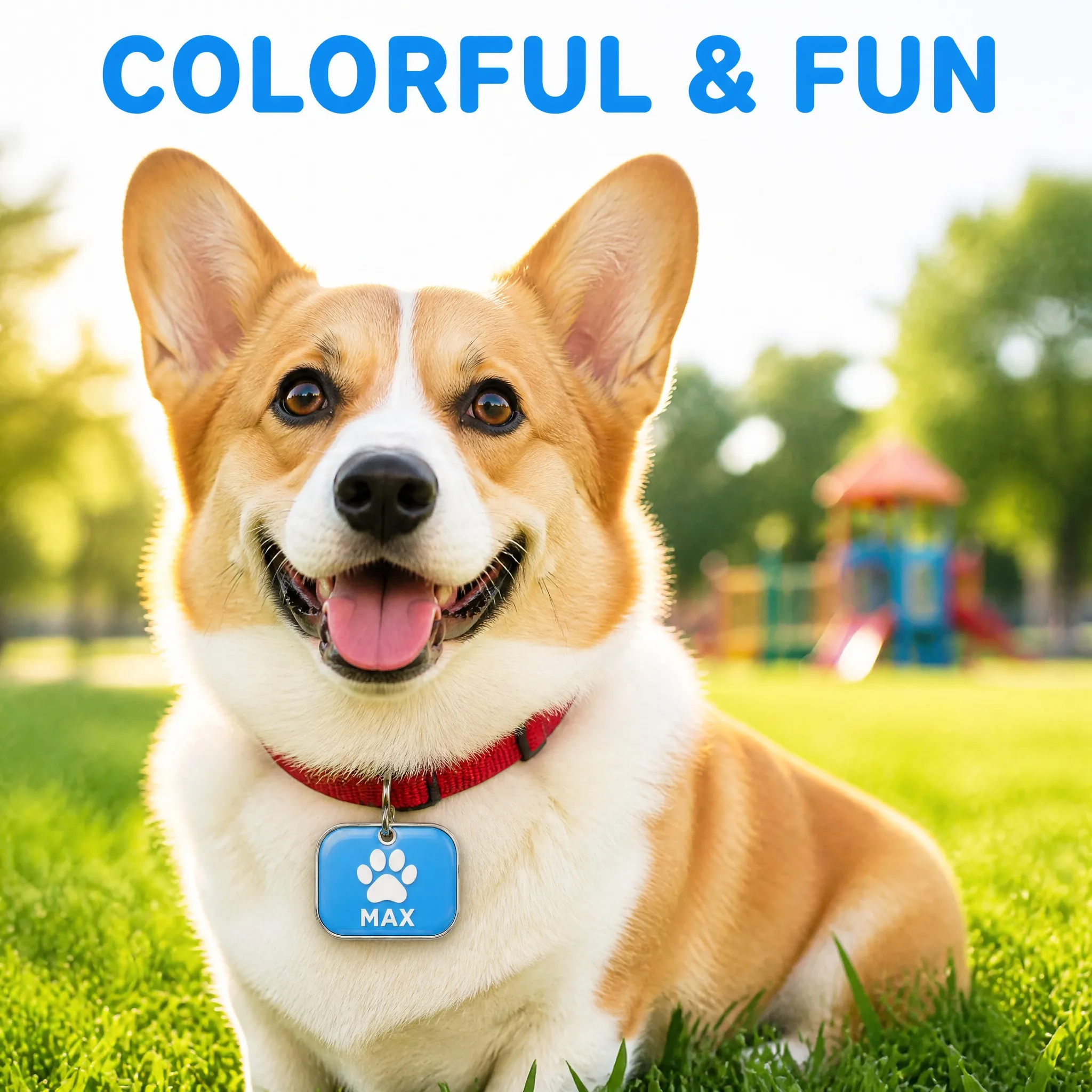 Corgi wearing the epoxy dome dog tag on grass - Lifestyle