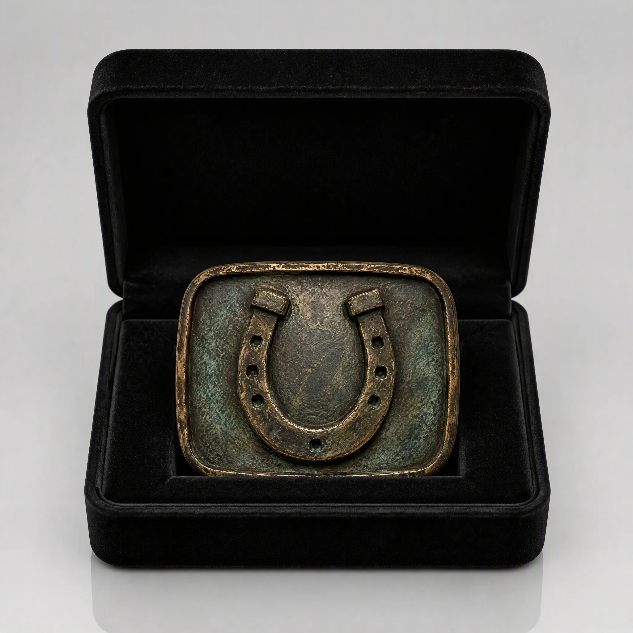 Antique horseshoe belt buckle in velvet gift box packaging