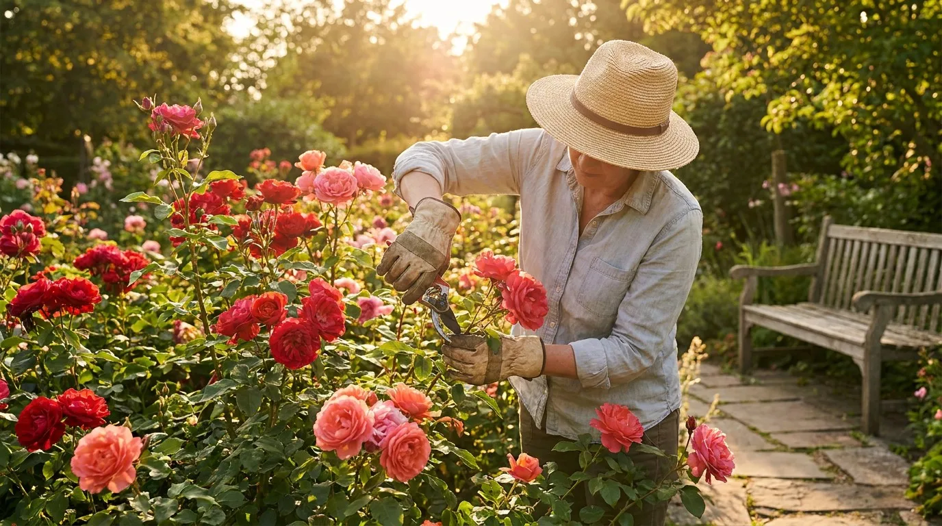 Deadheading roses with bypass pruning shears