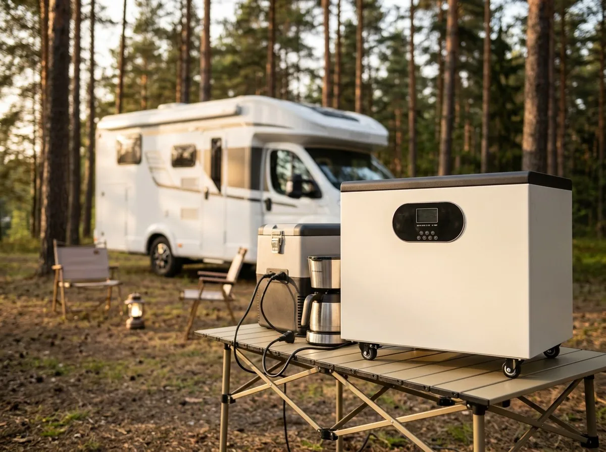 Ruihan portable power station powering a fridge at an RV campsite