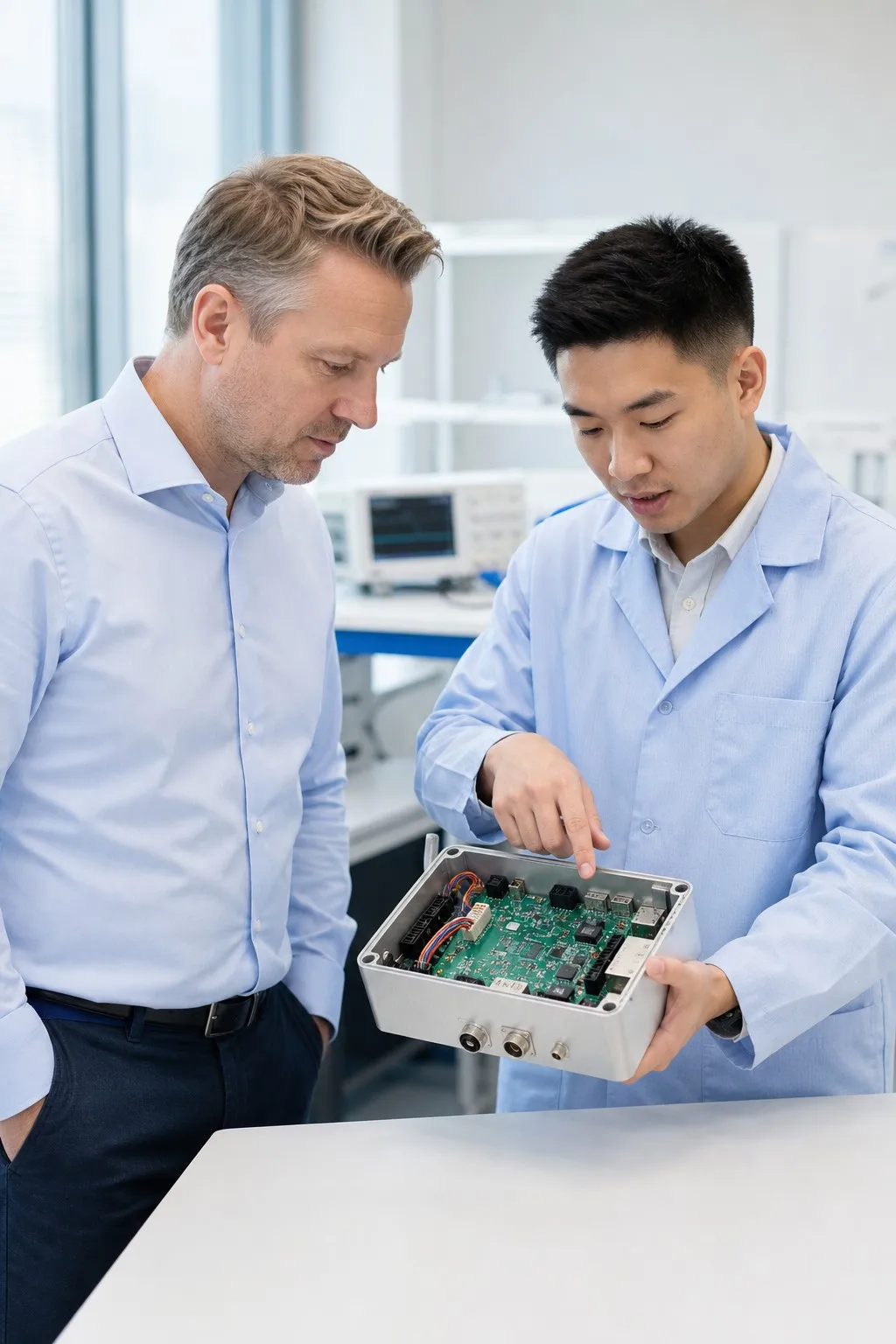 Customer and engineer reviewing a custom electronic control unit prototype in the lab