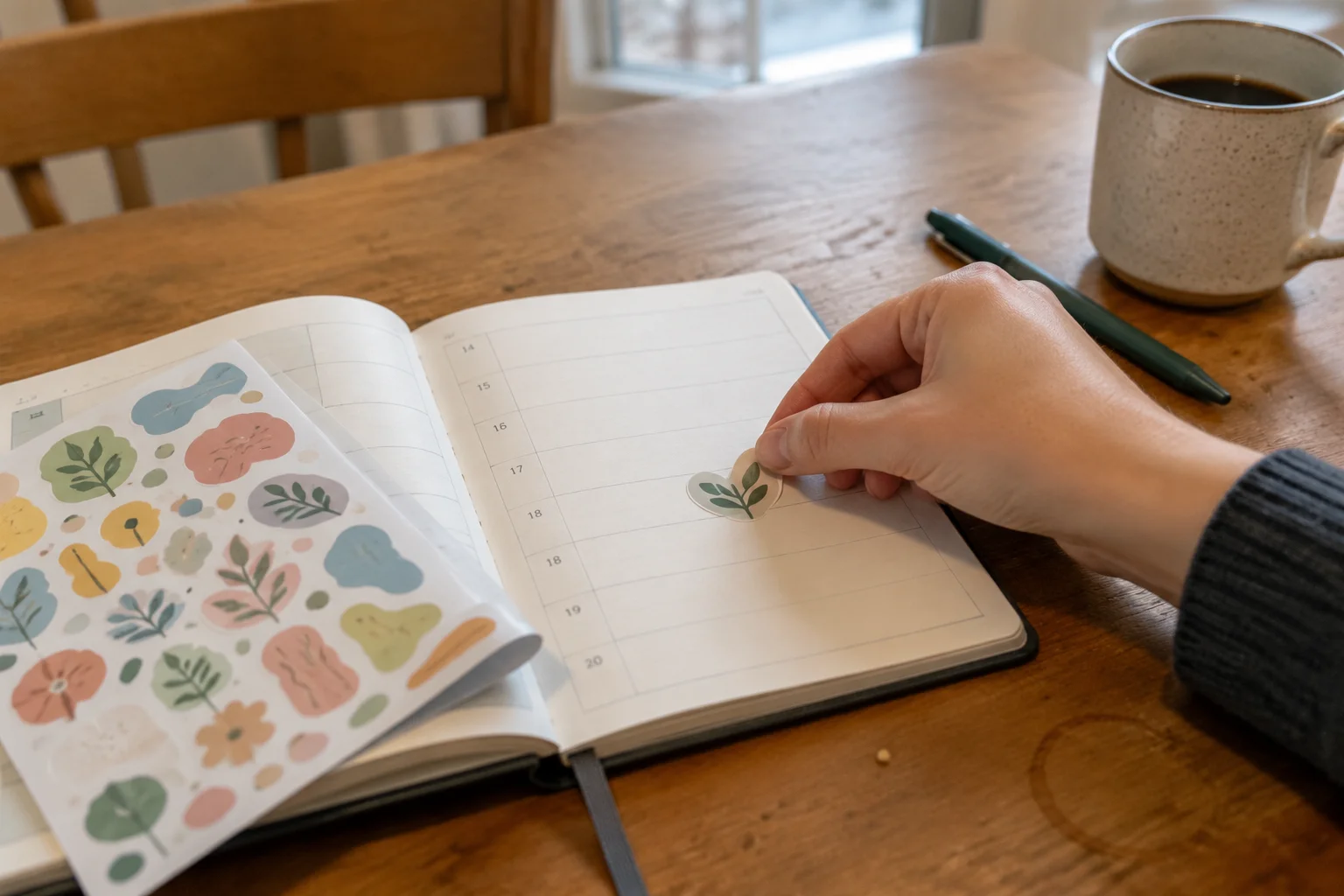 Applying a kiss cut sticker from a sheet into a planner at a kitchen table