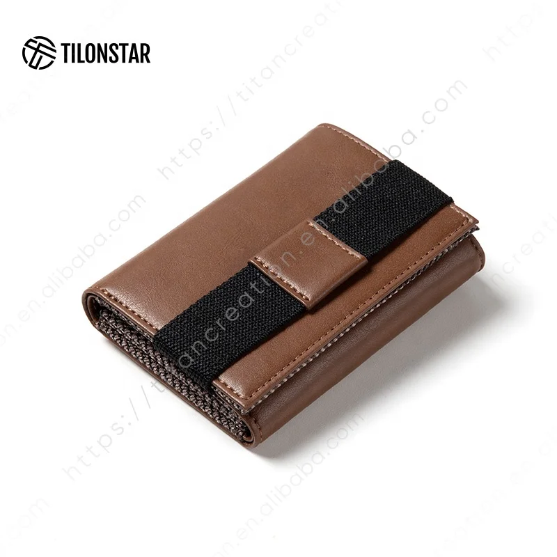 

Custom Logo High Grade Elastic Band Leather Three Layer Folding Men Card Holder Wallet With Zipper